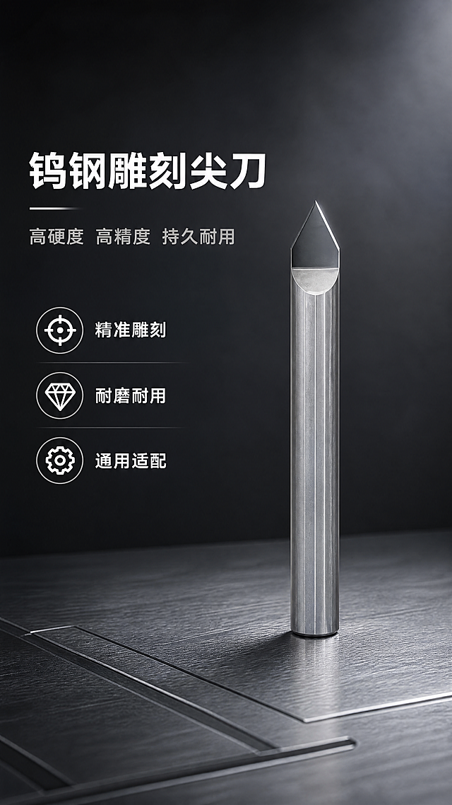 [第1屏] 详情页头图-钨钢雕刻尖刀专业宣传海报。本屏使用【图1】作为商品主体。
[氛围/风格] 工业五金专业风，深色工业背景，金属质感强烈，商业摄影质感，画面专业高级。
[元素布局] 钨钢雕刻尖刀放置在画面右侧中心区域，占据画面60%-65%主体。保持产品圆柱形直杆、三角尖头、表面纵向纹理的物理结构、材质质感、颜色与输入产品图一致。背景上半部分为深灰渐变工业风背景，左侧保留充足标题留白，底部加入浅灰色金属纹理作为装饰，整体画面干净有专业感。
[光影质感] 左侧冷调主光照亮刀身，突出金属磨砂质感，刀尖位置形成清晰高光，右侧形成自然柔和投影，整体明暗层次分明，产品边缘清晰真实。
[配色色系] 全局底色：#2C2C2C（深灰）；主体配色：#888888（刀身银灰）+#333333（刀尖深灰）；辅助色：#F5F5F5（标题白）+ #CCCCCC（文字浅灰）。
[视角构图] 正面平视角度，产品位于画面右侧中心，刀尖接近画面中线位置，左侧区域完整留给标题和卖点信息，画面构图稳定专业。
[文字版式] 左文右图版式，左侧顶部主标题 "钨钢雕刻尖刀"，白色加粗大字，字号为画面宽度8%-10%，左对齐。主标题下方副标题 "高硬度 高精度 持久耐用"，浅灰色小字，字号约为主标题30%。标题下方排列3个核心卖点："精准雕刻" "耐磨耐用" "通用适配"，每个卖点配小图标，白色文字不遮挡主体。
[比例分辨率] 9:16竖版比例，4K分辨率，文字清晰可辨，超高清。
[负向提示词] 产品变形，刀尖缺失，结构错误，颜色偏差，水印，文字错乱，产品图模糊，背景杂乱。