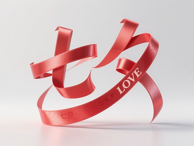 以红色丝带为核心元素，契合七夕浪漫与喜庆基调。灵动扭转的丝带，勾勒出 “七夕” 汉字形态，融合传统节日符号与创意视觉，强化节日辨识度。自然融入 “LOVE” 英文，打破语言壁垒传递普世浪漫。柔软丝带如情感纽带，寓意情侣间缠绵情思，借简洁造型呼应 “乞巧传情” 内核，以现代创意诠释古典浪漫，唤起大众对美好爱情的共鸣与向往，让传统节日在视觉表达中焕新。