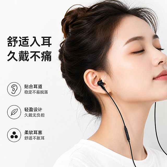 淘宝电商主图，黑色高音质有线入耳式耳机，展示耳机佩戴效果，卖点标注：舒适入耳 久戴不痛，背景简洁干净，1:1比例