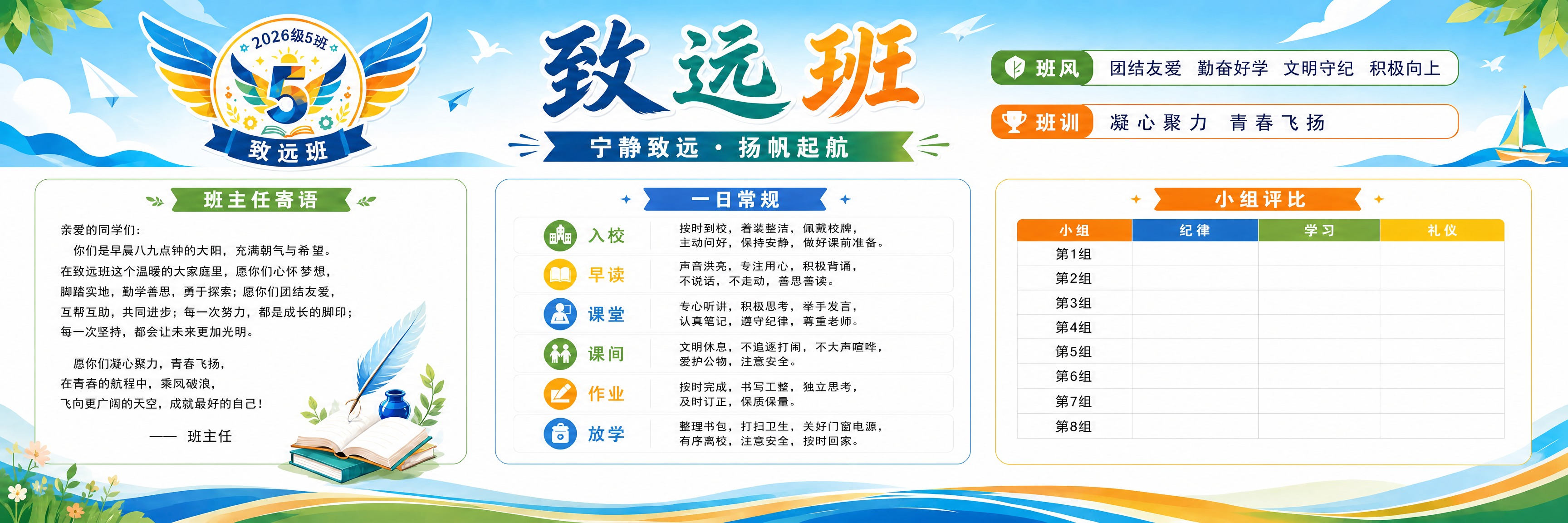 修改这张340:110超宽横版的致远班班级文化墙展板，去掉第4… - 图片创意预览