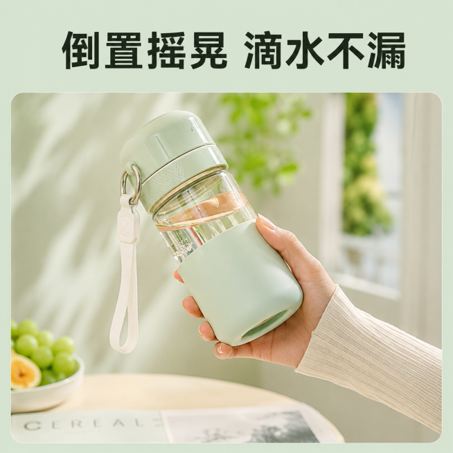 场景裂变水杯密封性能宣传图，文字：倒置摇晃 滴水不漏，浅绿简约背景，展示手持倒置浅绿色水杯，生活化清新摄影风格预览效果