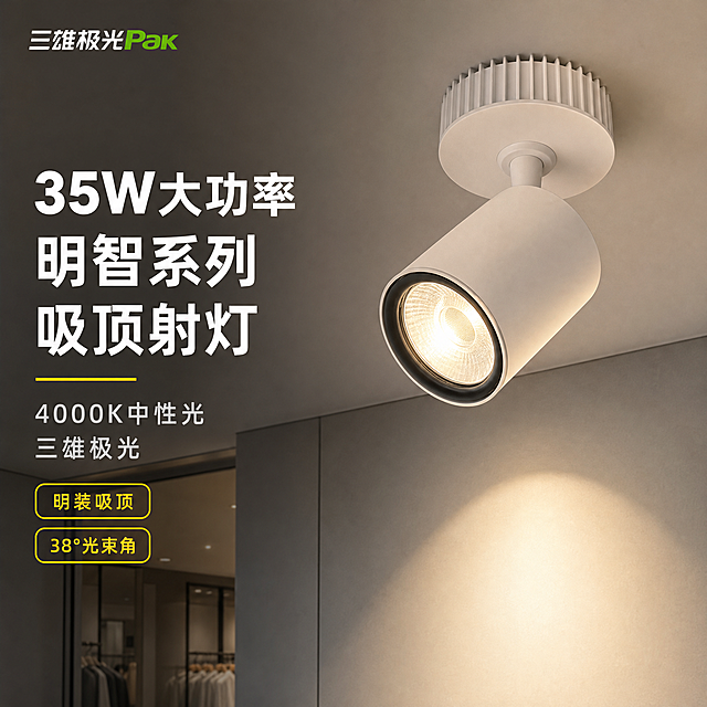 [主图-1] 三雄极光明智系列LED吸顶射灯空间氛围展示，突出35W大功率与专业照明品质。
[统一基调] 现代简约商业照明风格，深灰色渐变背景，主标题白色粗体无衬线字体，辅助文字浅灰色，强调色为暖黄色灯光色，整体专业高端质感。
[画面] 白色款吸顶射灯安装在现代简约的商业空间天花板上，灯具呈45°俯视角，主体占画面60%，位于画面右侧。射灯开启4000K中性光，光束向下投射出柔和的圆形光斑，照亮下方区域。背景为简洁的白色天花板与浅灰色墙面，空间干净通透，体现商业照明的专业感。左上角放置三雄极光Pak品牌Logo。画面左侧负空间放置主标题。
[光影质感] 商业摄影质感，主光从左上方打来，灯体表面有细腻的金属哑光质感，发光面呈现真实的暖白光晕，天花板上有自然的光斑漫反射效果，灯具底部有轻微的接触阴影。
[配色] 背景深灰渐变，灯体白色，灯光暖黄色，文字白色与浅灰色搭配。
[文字版式] 左侧竖排主标题"35W大功率 明智系列吸顶射灯"，副标题"4000K中性光 三雄极光"，下方两个小标签"明装吸顶""38°光束角"，文字清晰不遮挡产品。
[输出要求] 800*800像素1:1比例，产品清晰不变形，文字清晰可读，无水印无平台Logo，画面干净专业。