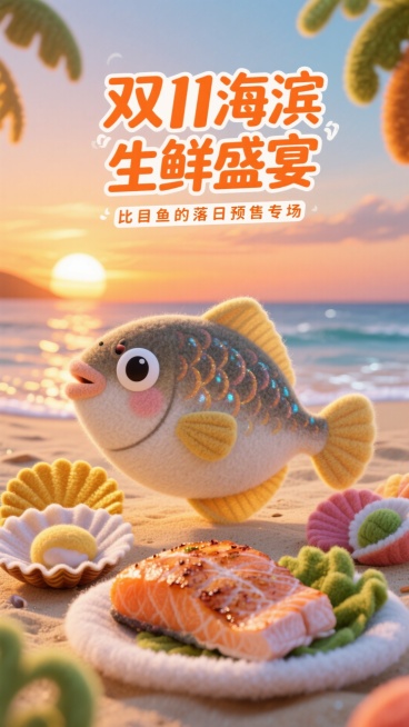 以卡通比目鱼形象为核心，搭配扇贝、香煎三文鱼排等生鲜美食，背景营造沙滩日落海滨场景，背景墙上有文字 “双 11 海滨生鲜盛宴”，下方用治愈系字体呈现 “比目鱼的落日预售专场”。预览效果