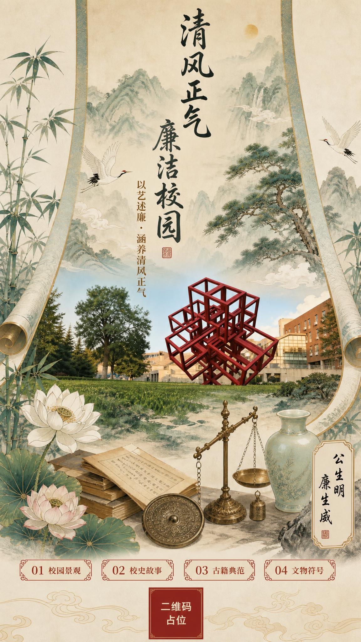 高校廉洁文化主题创意海报（竖版 9:16，国风新中式工笔与实景… - 图片创意预览
