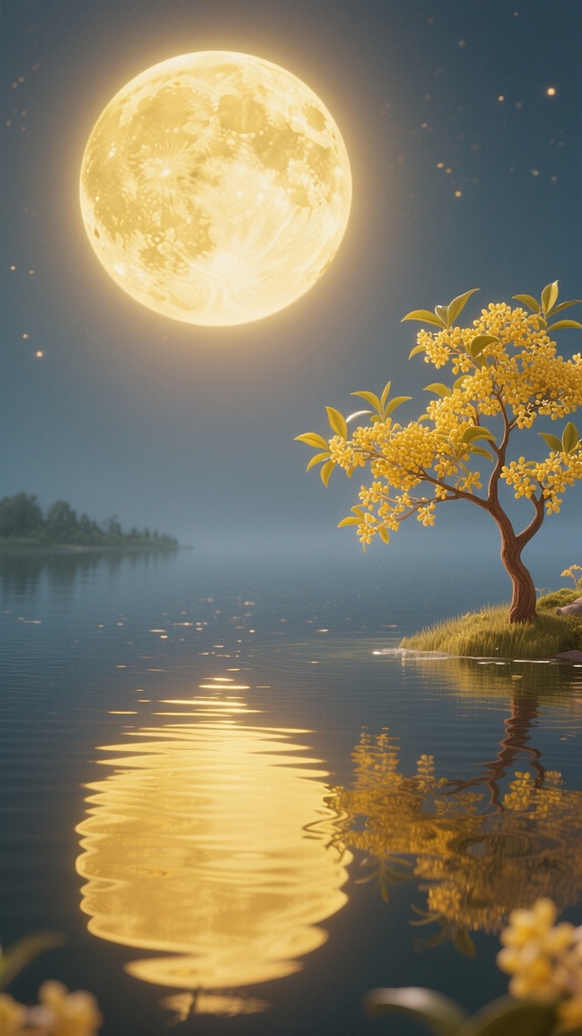 插画风与3D结合，梦幻光影映照静谧湖面，金桂树在月光下绽放，唯美感与浪漫感交织，虚拟自然中的中秋意境。