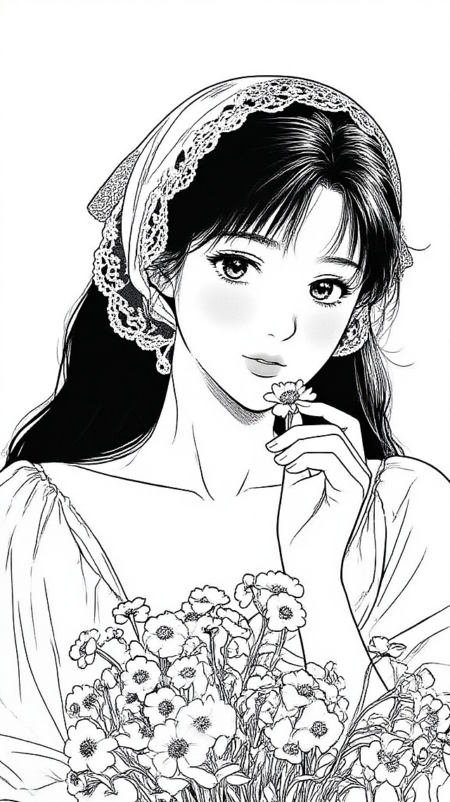 古典优雅的白描风漫画，少女手持花束，文艺气息浓厚。