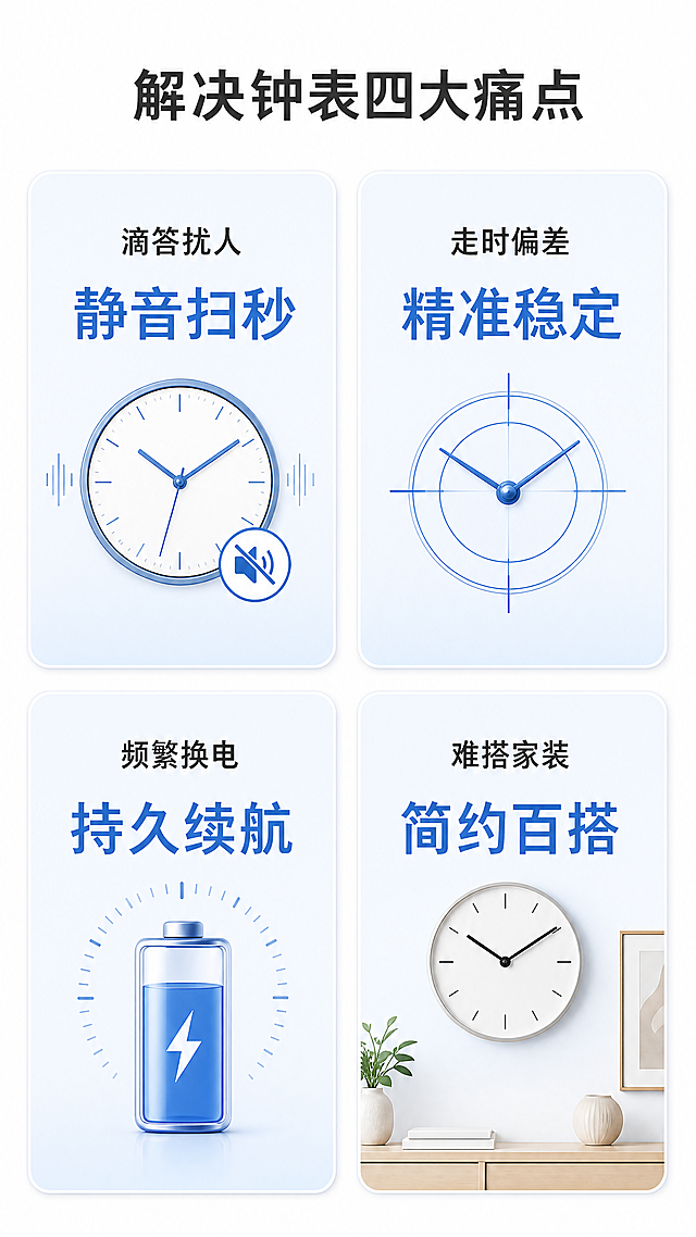 [第2屏] 痛点解决卖点说明，简约蓝调石英挂钟四格痛点页。整体现代简约风格，清晰说理，干净配色。用2x2四宫格，每格一个痛点+解决，对应四个核心卖点，格子浅蓝渐变圆角，留白分开。1:痛点「滴答扰人」+标题「静音扫秒」；2:痛点「走时偏差」+标题「精准稳定」；3:痛点「频繁换电」+标题「持久续航」；4:痛点「难搭家装」+标题「简约百搭」。排版整齐信息清。均匀柔光，文字清晰。全局底色纯白，格子浅蓝，标题蓝色突出，文字深灰。平面排版，四宫格对称留白。顶部总标题「解决钟表四大痛点」深灰居中，每格痛点小字在上，标题大字在下。9:16竖版，4K，文字清晰。负向提示词：格子不均，文字重叠，颜色刺眼，产品变形，水印，绝对化用语