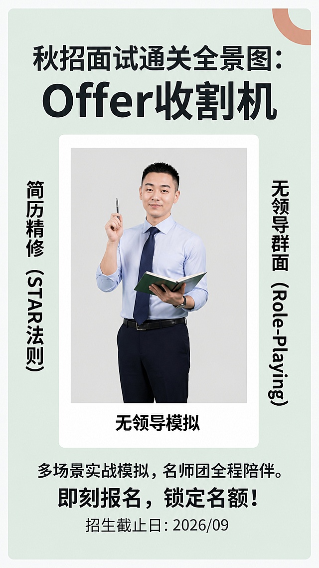 专业商务风秋招面试辅导海报，严格遵循图一原型四的包围式排版格式与文案：
1.顶部大标题：第一行"秋招面试通关全景图:"，第二行加粗大字号"Offer收割机"
2.左侧竖排文案："简历精修 (STAR法则)"
3.右侧竖排文案："无领导群面 (Role-Playing)"
4.中心方形区域放入图二的人物导师图像，人物完整清晰，适配中心方形版式，标注文字"无领导模拟"
5.底部文案："多场景实战模拟，名师团全程陪伴。即刻报名，锁定名额! 招生截止日:2026/09"
整体配色为浅绿淡色背景，风格清爽简约专业，图文排版1:1匹配图一原型四结构，文字完整清晰可读，比例9:16