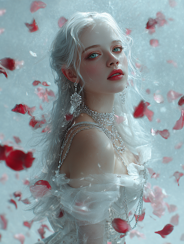 Fantasy Illustration Style (Non-Realistic): Japanese-inspired fantasy, cool-toned gothic, haute couture fashion.
Mysterious, icy elegance, romantic, ethereal, noble. A soft silver-white and icy blue gradient background, suffused with hazy mist and drifting crimson rose petals, creates a surreal atmosphere reminiscent of an icy wonderland or dreamlike garden.
A maiden with silvery-white tresses and heterochromatic eyes (left: blue-green; right: reddish-brown) adorns herself with opulent crystal drop earrings and layered chain necklaces. Clad in an ethereal, sheer off-the-shoulder gown, her ensemble radiates a chillingly enigmatic yet fantastical allure.
Her face is turned slightly towards the camera, head tilted, shoulders exposed, her posture elegant yet slightly aloof, as if frozen in a moment of standing still in the wind or being enveloped by petals.
Her gaze is deep and evocative, lips a pale red and slightly parted, conveying an emotion woven from cool detachment, solitary pride, and a hint of hidden tenderness.
The close-up composition centres on her face and upper body, accentuating the fluidity of her hair, the movement of petals, and intricate jewellery details, while a blurred background heightens the visual impact of the subject.
High-precision digital fantasy illustration style, featuring exquisitely detailed figures with commercial-grade wallpaper quality and artistic expression.
Primary palette of silver-white, ice-blue, pearl-grey and dark crimson, accented with crystalline diamond white and blood-red. Strong light-dark contrasts with natural transitions create a dramatic, dreamlike atmosphere.
Ultra-high resolution with meticulous detail rendering, ideal for mobile wallpapers, cover art, or premium visual projects.
Backlighting combined with diffused soft lighting accentuates translucent hair highlights, delicate skin textures, and jewel reflections. Petal edges feature halos, amplifying sacred and ethereal ambience.
Precise reproduction of fabric's semi-translucent folds, jewellery's faceted structure, hair's layered texture, and iris details within pupils. Ensures harmonious figure proportions, logical lighting behaviour, and authentically refined material textures.

Translated with DeepL.com (free version)