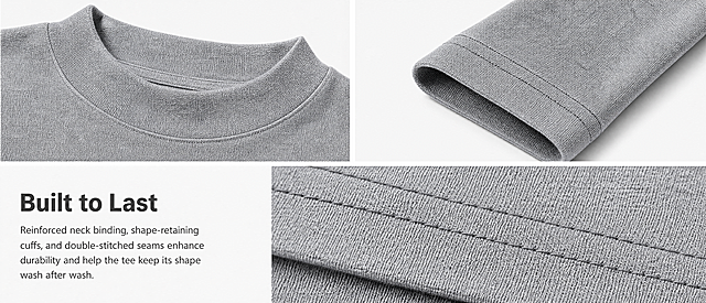 [第5屏] 本屏功能定义：Durability details close-up for women's cotton long sleeve t-shirt, showing reinforced binding and double-stitched seams.
[氛围/风格] 工艺细节特写，清晰真实，专业影棚摄影，简约排版突出做工质感。
[元素布局] 画面分三个局部特写区域：左上方是领口包边放大特写，右上方是袖口细节特写，下方居中是双针缝线走线放大特写。三个特写都保持灰色针织T恤的织物纹理和做工结构与输入产品一致，清晰展示耐穿加固工艺细节。下方预留小区域放文案标题，整体分区干净，细节清晰。
[光影质感] 均匀柔和侧光，突出缝线和包边的立体感，细节纹理清晰锐利。
[配色色系] 全局底色：#F8F8F8；主体：灰色织物+深灰缝线；文字：深灰色。
[视角构图] 平铺分区特写构图，每个细节区域清晰分隔，信息展示直接明了。
[文字版式] 底部左对齐排版：主标题"Built to Last"，加粗无衬线字体深灰色；正文"Reinforced neck binding, shape-retaining cuffs, and double-stitched seams enhance durability and help the tee keep its shape wash after wash."，常规字号灰色，行间距舒适。
[比例分辨率] 61:25 亚马逊高级A+电脑端比例，宽度1464px，高度600px，4K超高清分辨率，文字清晰可辨。
[负向提示词] 缝线走形，细节模糊，颜色偏差，文字错乱，水印，中文，背景杂乱。