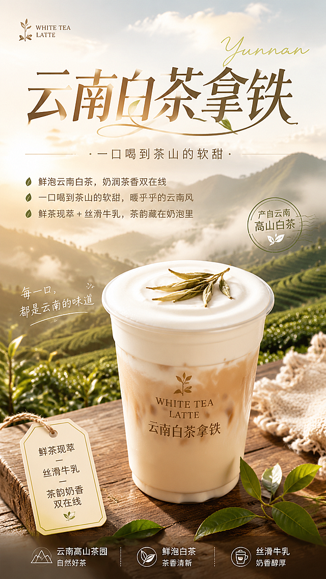 饮品海报设计，主标题："云南白茶拿铁"，卖点文案："鲜泡云南白茶，奶润茶香双在线 一口喝到茶山的软甜，暖乎乎的云南风 鲜茶现萃 + 丝滑牛乳，茶韵藏在奶泡里"，有设计感的字体，内容丰富的自然茶山背景，一杯奶白色的白茶拿铁饮品，暖色调，干净清新风格，茶饮海报构图