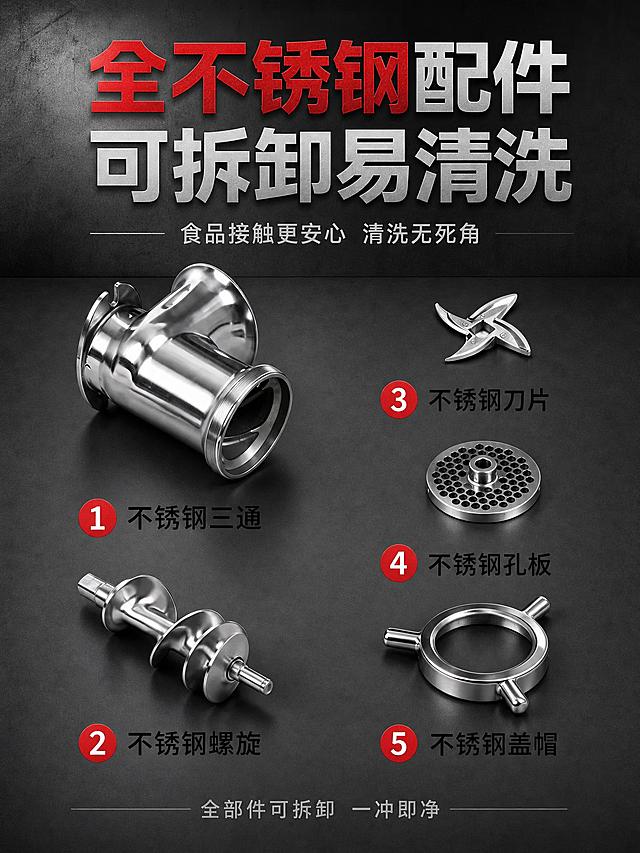 在这张配件图的基础上，顶部增加标题区域，整体调整为3:4竖版详情页模块。顶部大标题：全不锈钢配件 可拆卸易清洗，主标题中全不锈钢用红色高亮，副标题：食品接触更安心 清洗无死角。标题下方保留现有的5个不锈钢配件展示，配件和编号标注保持不变，编号颜色从蓝色改为红色以统一风格。整体背景为深灰色工业风，不锈钢金属质感真实。底部增加一行小字卖点：全部件可拆卸 一冲即净。整体排版美观，与整套详情页工业风风格统一。