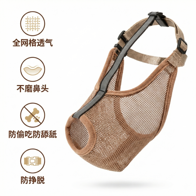 [主图 2] 产品核心卖点展示图
[氛围风格] 简约干净商业风，光线均匀通透
[画面元素] 商业摄影质感、光线柔和通透、产品清晰真实、画面干净高级。棕色网格狗嘴套放置在纯白色背景上，产品居中放大，左侧预览效果