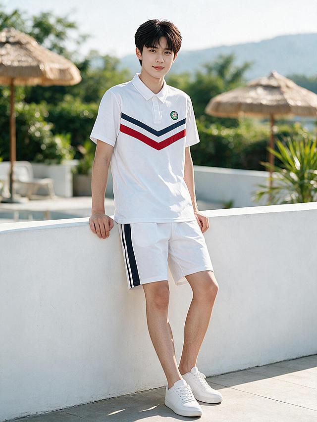 户外夏日露台上，一名中学男生全身照。模特保持参考图1的面容（黑色蓬松短发，清秀俊朗，白皙肤色）和自然气质，服装严格按照图2校服生成：白色短袖polo领上衣（两颗白色纽扣，左胸绿色圆形校徽，胸前深海军蓝细条和红色宽条组成的V形条纹），白色运动短裤（裤腿外侧各有一条深海军蓝宽条纹，松紧腰），脚穿白色小白鞋。模特倚靠白色矮墙，面对镜头淡淡微笑，姿态放松自然。背景是户外夏日露台，绿色植物、茅草伞、远山，景深虚化，自然明亮日光，清新学院风，电商服装实拍，高清写实，细节丰富，全身完整入镜