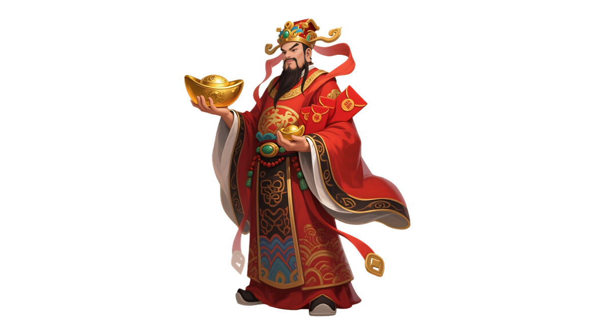 财神，正常人体比例，正常四肢，中国文化元素，传奇游戏素材风格，数字板绘，透明背景，手持元宝，身侧有红包，整体色调以红色为主，高清4K画质，单人形象，细节丰富，服饰有传统纹样，姿态威严庄重预览效果