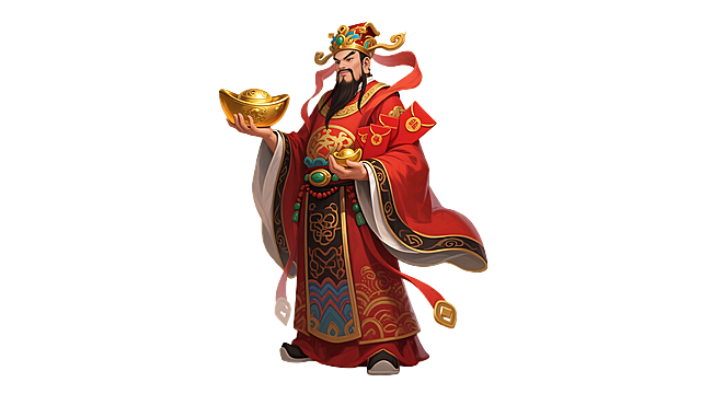 财神，正常人体比例，正常四肢，中国文化元素，传奇游戏素材风格，数字板绘，透明背景，手持元宝，身侧有红包，整体色调以红色为主，高清4K画质，单人形象，细节丰富，服饰有传统纹样，姿态威严庄重
