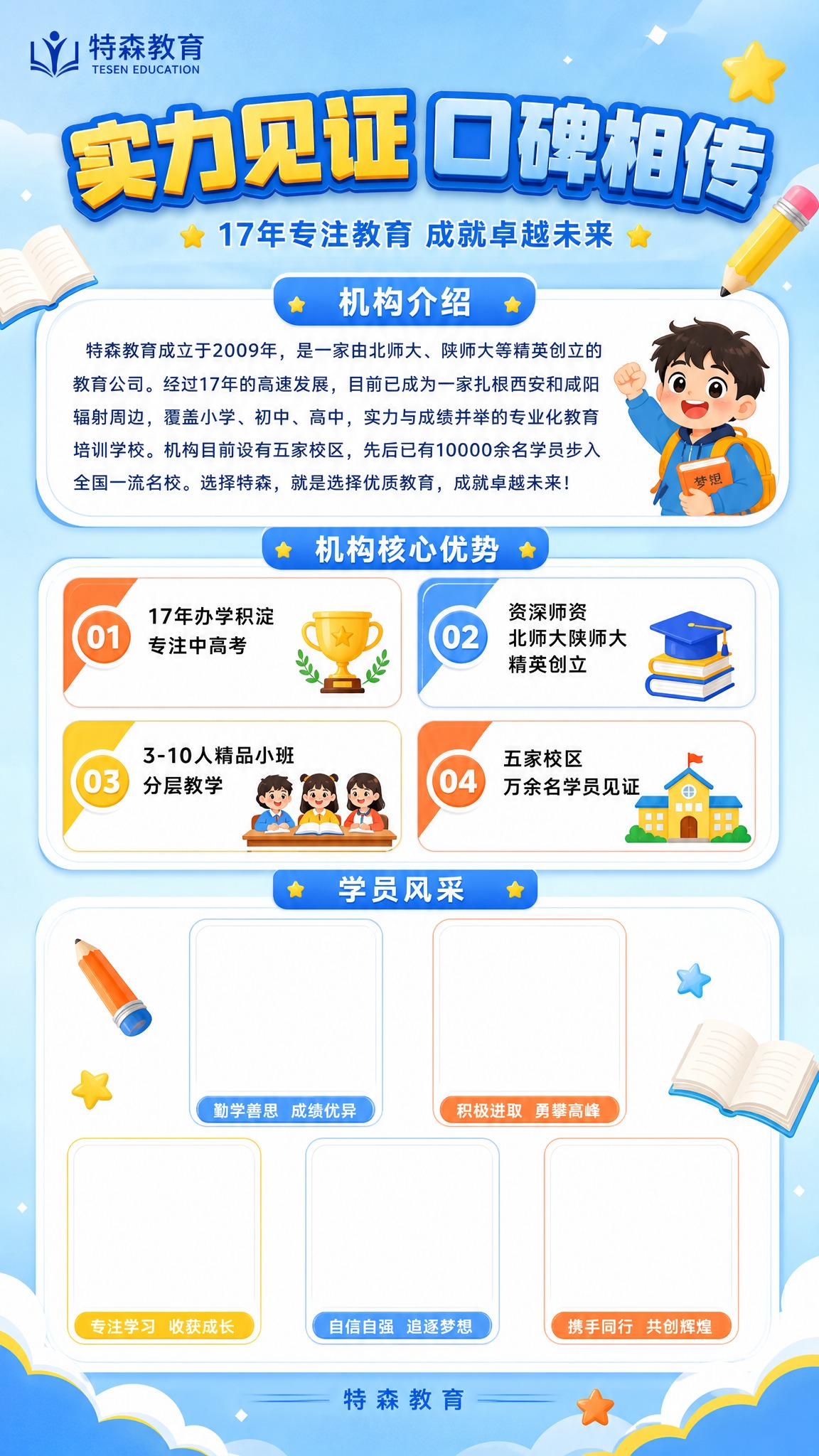 K12教育机构实力展示海报背面，与正面统一的童趣卡通风，天蓝#… - 图片创意预览