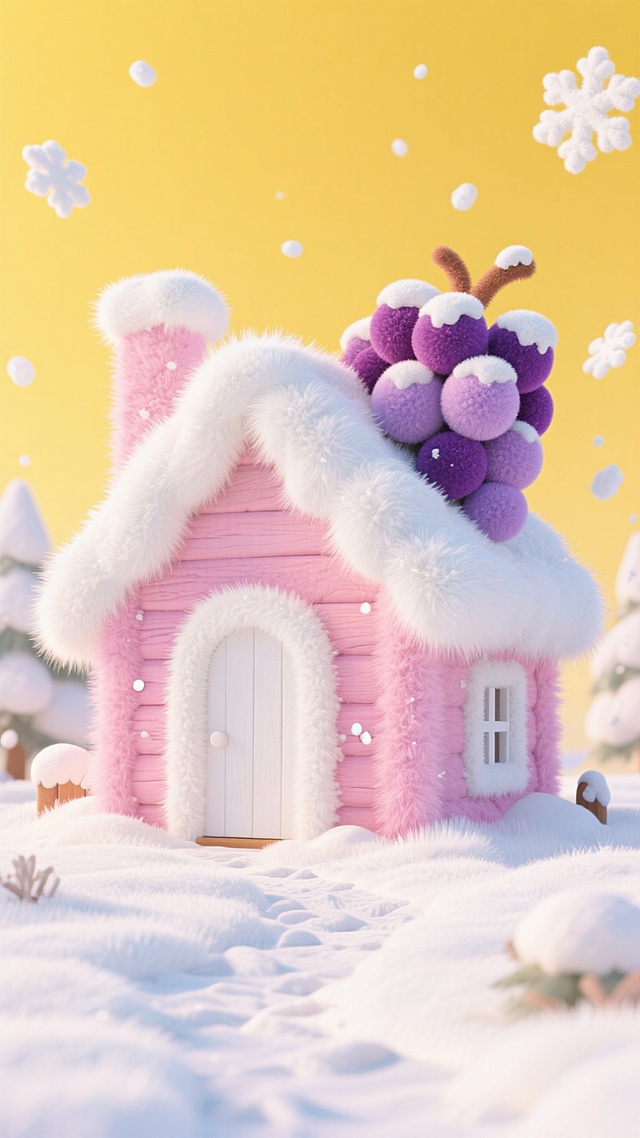 画面中心是粉色的小木屋（白色门和窗），屋顶覆盖白雪，房顶上有一个巨大的被雪覆盖的葡萄串，黄色的天空，周边飘着白色雪花，地面有积雪