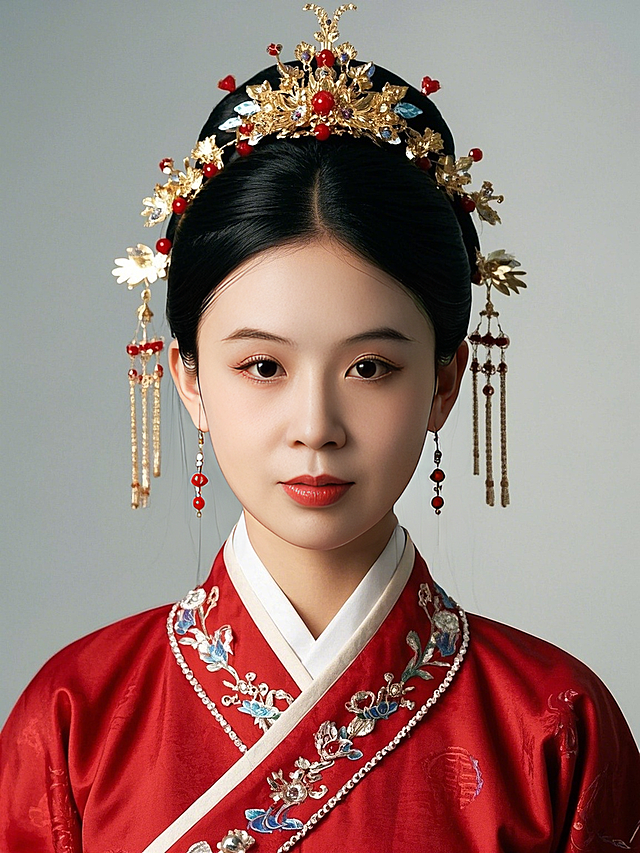 女生，唐装证件照，国风，纯色背景