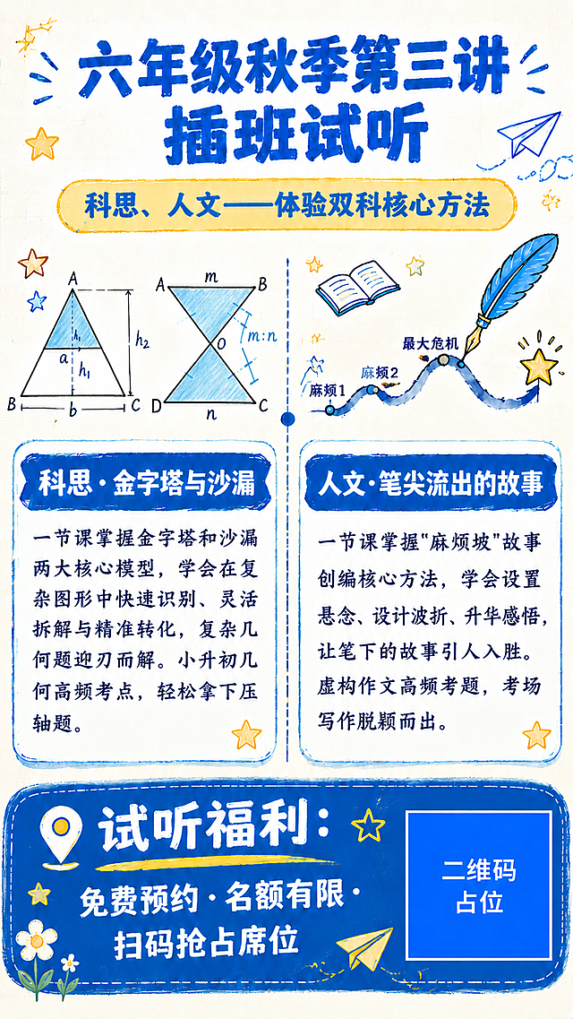 在原有手绘水彩教育海报风格基础上，将左侧区域左上角的金字塔与沙漏模型替换为参考图中的样式：金字塔模型为A型相似三角形（标注A、B、C顶点，边长a:b，高h1、h2，蓝色填充上三角），沙漏模型为X型相似三角形（标注A、B、C、D顶点和O交点，上下三角形蓝色填充，对应边m:n）。两个模型并排放在左侧区域上部，保持手绘粉笔/彩铅质感，蓝色调为主，标注字母清晰。其余内容保持不变：顶部总标题"六年级秋季第三讲 插班试听"，副标题"科思、人文——体验双科核心方法"，左右分栏中间虚线分隔带圆点，左侧圆角卡片"科思·金字塔与沙漏"及正文，右侧羽毛笔+墨迹山坡线+三个节点+星星，右侧圆角卡片"人文·笔尖流出的故事"及正文，底部深蓝色福利栏+二维码占位。整体风格与参考图一致，米白纸张质感，浅淡网格，星星纸飞机小花装饰，专业教育风格。8K超高清，文字清晰锐利无锯齿。