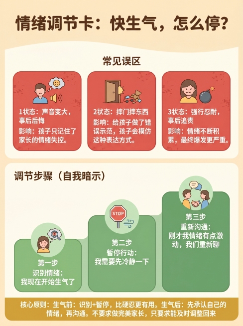 一张家长情绪调节实用指南卡片，扁平化矢量风格，温暖的奶油色背景。主标题为：“情绪调节卡：快生气，怎么停？”。版面上下分为两部分，用柔和线条隔开。上半部分是“常见误区”，由三个红色卡片组成，每张卡片分别预览效果