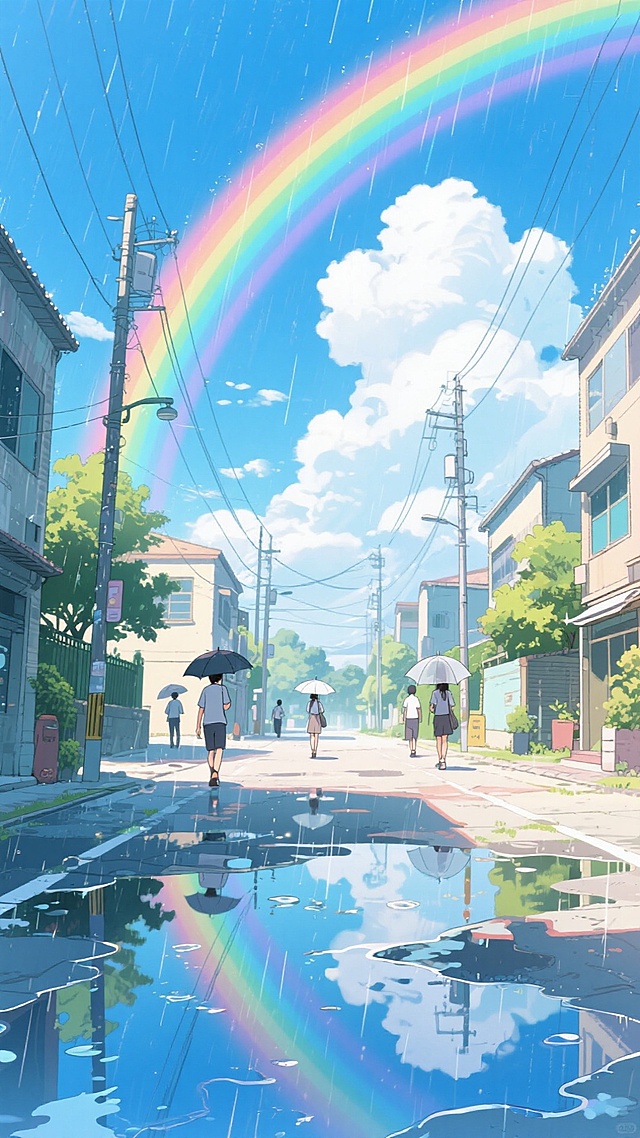 夏日午后，雨后场景，蓝天白云，有一道美丽的彩虹，街上有零星人群撑着伞，地面还有一点积水
