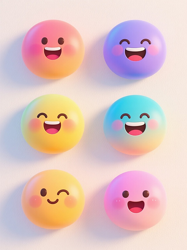 6个不同配色、不同样式、不同神态的emoji表情元素，采用圆润可爱的卡通风格，每个表情具有鲜明的面部特征和夸张的神态，色彩鲜亮明快，运用柔和的渐变色彩和微妙的高光阴影表现立体感，浅色背景，上下两行对齐排列，整体构图均衡协调，充满活泼欢快的氛围，细节精致，线条流畅，视觉效果清新愉悦。