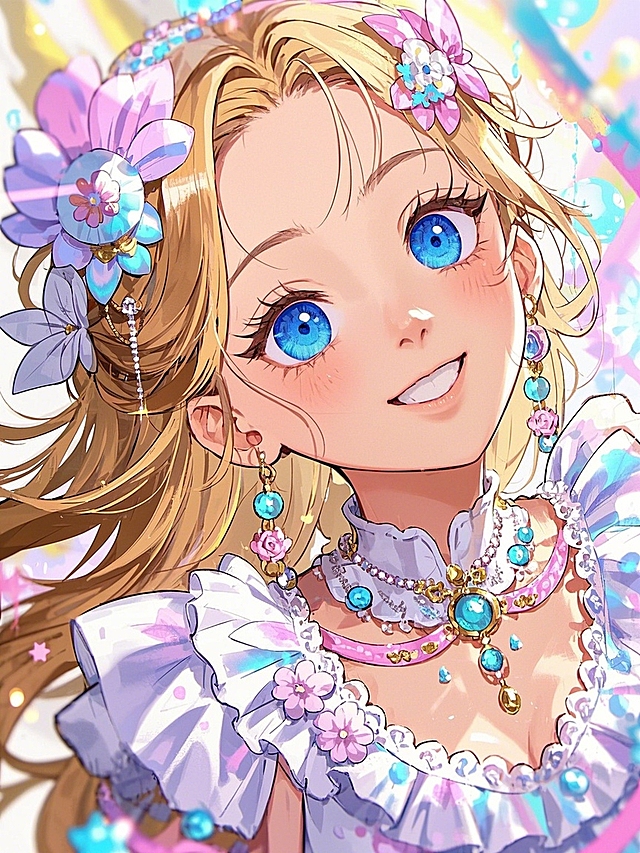 动漫，复古漫画，蓝色的眼睛的女生，穿着白色连衣裙，身上有各种配饰，背景现代感，整体呈现清新风格，平涂画法，粉和白色调