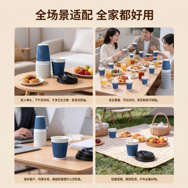 [主图 5] 小纸象三层瓦楞纸杯全场景适配展示，1:1比例
[氛围风格] 生活化温馨风，展示多用性
[画面元素] 商业摄影质感，光线柔和通透，保留用户上传详情页四格布局：左上家人下午茶，右上亲友聚餐，预览效果