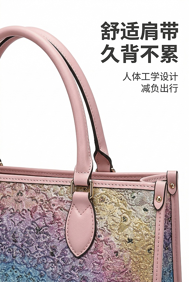 严格还原上传的产品图，包括包装设计、颜色、LOGO位置、文字内容、图案元素等所有细节，产品尺寸比例保持1:1，整体画面为2:3竖版电商详情图，8K超高清分辨率，专业影棚侧光打光，纯白色背景(Hex #FFFFFF)，无任何阴影，极致锐利。主体为托特包粉色手提肩带特写，清晰展示肩带的柔软皮质、人体工学弧度设计、五金连接件的牢固性，包身完美无瑕。排版为高端杂志风，主标题采用统一极简无衬线粗体字，居右靠上位置，内容为"舒适肩带 久背不累"；副标题采用统一细体无衬线字，主标题正下方，内容为"人体工学设计 减负出行"。文字颜色统一为深灰色(#333333)，字体格式完全统一，画面高级感拉满，突出使用舒适度，细节清晰，与全系列风格统一。负面提示词：模糊、肩带变形、色彩偏差、包身褶皱、灰尘划痕、阴影、杂乱元素、低分辨率、字体不统一、产品失真、非2:3竖版、产品比例非1:1、风格割裂