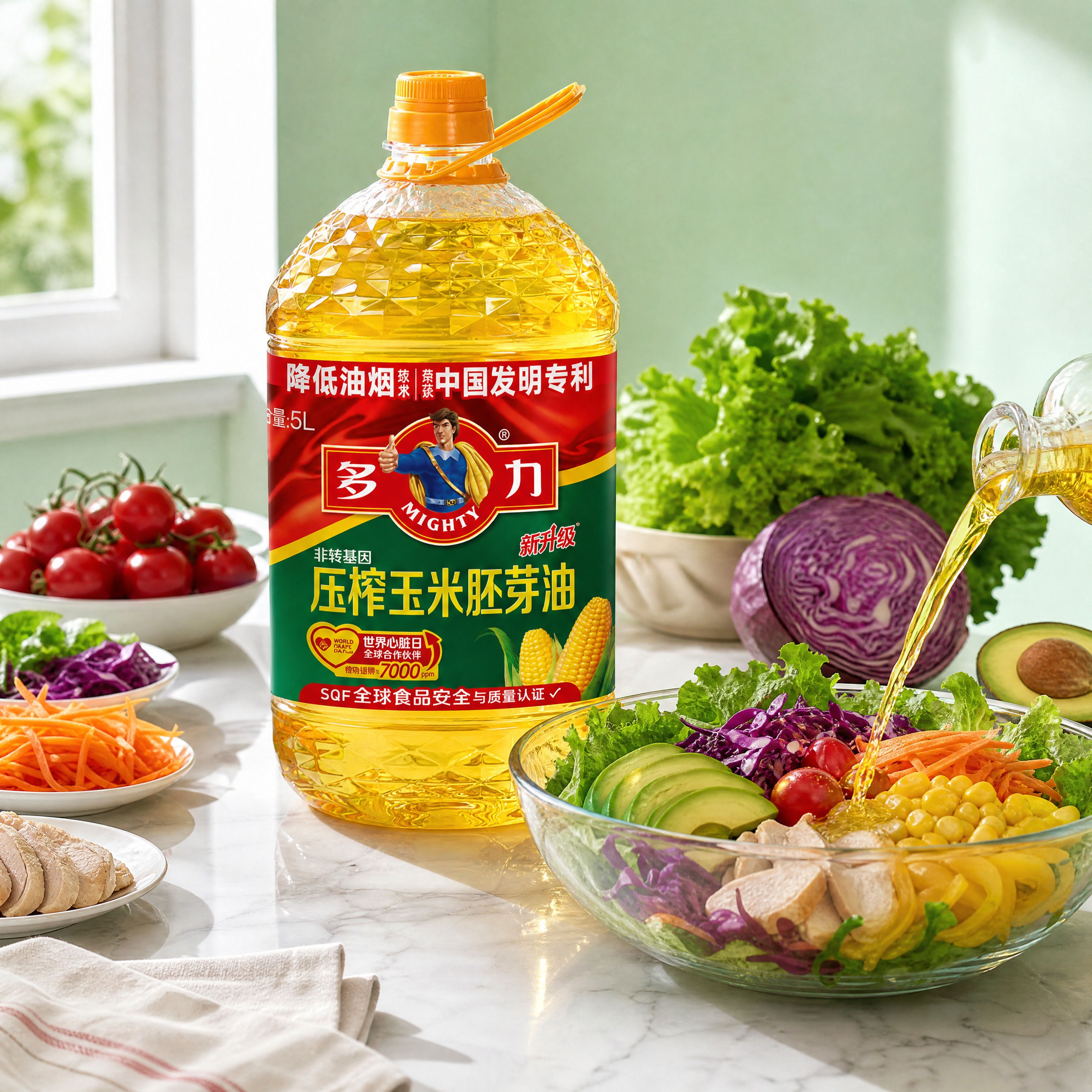 超写实食品商业摄影。 主体：5L装玉米油桶严格参照上传产品图，… - 图片创意预览