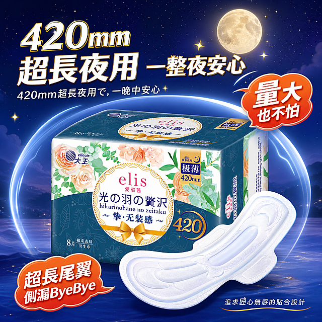 [主图-3] 超长夜用防漏守护 大王爱璐茜420mm超长夜用卫生巾主图，量大夜用安心主题，关爱女性夜晚安睡。
[统一基调] 背景为深夜蓝紫渐变星空底色，带柔和月光和星星点缀，静谧安心氛围；主标题粗黑体中文+日文；卖点圆角爆炸贴橙红渐变；辅助文字白色无衬线体；整体温柔有安全感。
[画面] 画面中央放置420mm超长夜用墨蓝色款大王爱璐茜卫生巾包装盒，产品占画面约70%，保持原图外观不变。产品前方展示一片展开的420mm超长卫生巾，尾部加宽加长设计清晰可见。周围用柔和的蓝色光效形成「守护盾」视觉，象征整夜防漏安心。背景有朦胧月亮和星星，营造夜晚安睡氛围。
[光影质感] 夜晚柔光氛围，月光从上方洒下，产品正面均匀受光，边缘有蓝色轮廓光，卫生巾表层有柔和反光体现棉柔质感，整体静谧有安全感。
[配色] 主背景深夜蓝紫渐变，标题白色加金色描边，爆炸贴橙红渐变，守护盾淡蓝色半透明，星星月亮暖黄色，整体静谧温柔。
[文字版式] 画面上方粗体大标题「420mm 超長夜用 一整夜安心」，中日文混合。右上角圆角爆炸贴大字「量大也不怕」，中号字。左下角爆炸贴「超長尾翼 側漏ByeBye」。右下角小字「追求匠心无感的贴合设计」。文字均放在负空间。
[输出要求] 1:1正方形，2048x2048，2K高清，文字清晰无错字，产品清晰不变形不拉伸，背景有层次，无水印无平台Logo。