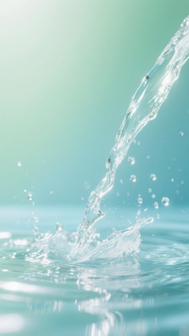 高清晰摄影风格，水花从右侧倾斜向下飞溅，底部形成水花四溅的动态效果，水面波光粼粼，背景为渐变的清新薄荷绿与浅湖蓝色调，光线从中央偏下位置柔和透出，营造出通透、纯净、富有生命力的氛围，水滴晶莹剔透，细节丰富，整体画面具有强烈的动感与层次感。预览效果