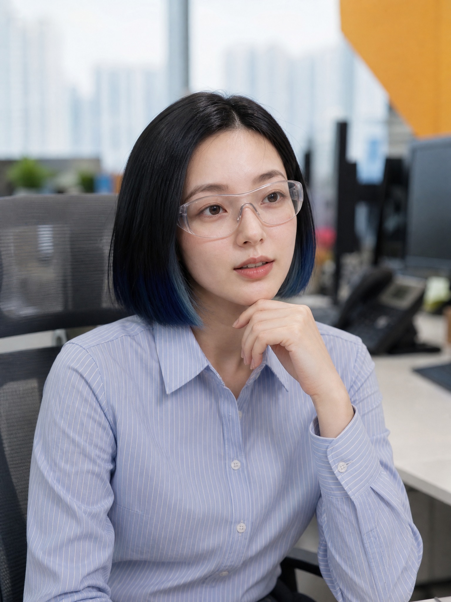 参考图1的办公室背景和办公环境，参考图2的人物面部特征（黑色短… - 图片创意预览