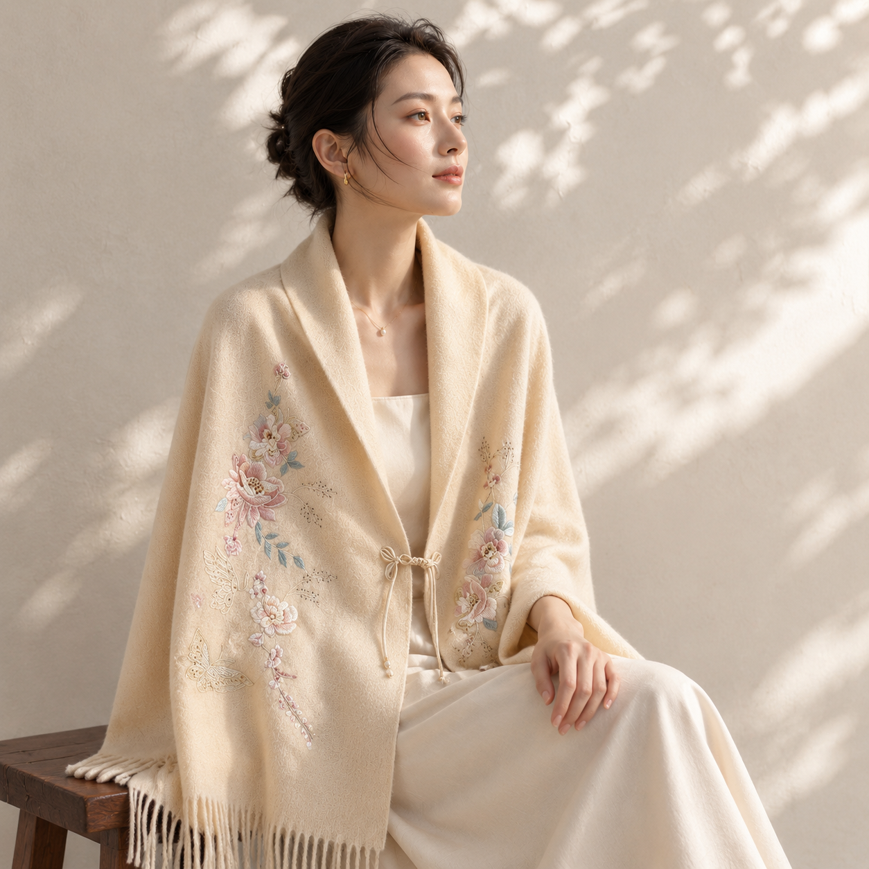 专业电商丝巾商品摄影，东亚年轻女性模特，模特身穿米白色连衣裙，… - 图片创意预览
