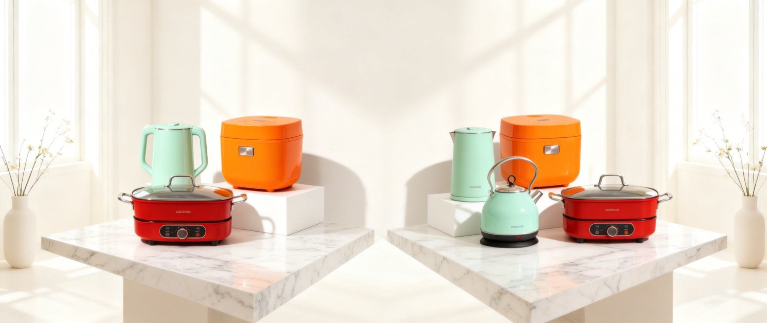 一张时尚画报风格的国内电商种草图，展示四件小型厨房家电：橙色电饭煲、绿色烧水壶、绿色提壶、红色电火锅。保持产品主体物理结构不变，保持Logo原样不变，强制保留所有产品组件。场景为现代极简奶白家居空间，预览效果