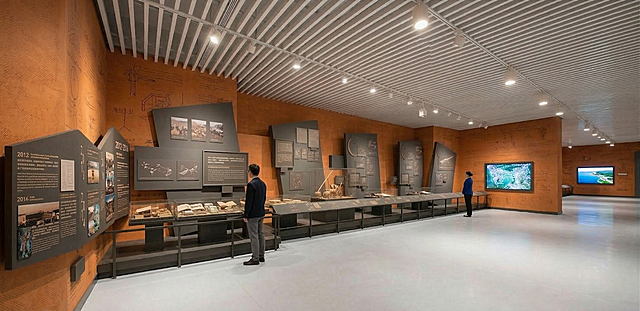 现代感与工业感融合的展厅设计，采用双色设计风与简约主义布局，结合印刷风展板与实景感陈列，呈现科技感十足的展览空间。