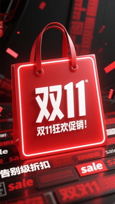 竖版海报，主视觉为红色发光边框的购物袋造型，袋面突出白色“双11”大字，视觉冲击力强，中间标注“双11狂欢促销！”，背景和底部环绕着“告别级折扣”“sale”等文字元素，红黑配色，发光效果，营造热烈的预览效果