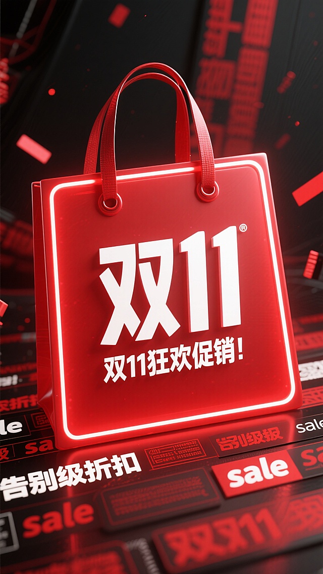 3D重拟物风购物袋，霓虹灯效勾勒边框，科技感背景点缀“双11”促销元素，塑料质感强化未来感，营造双11狂欢氛围。