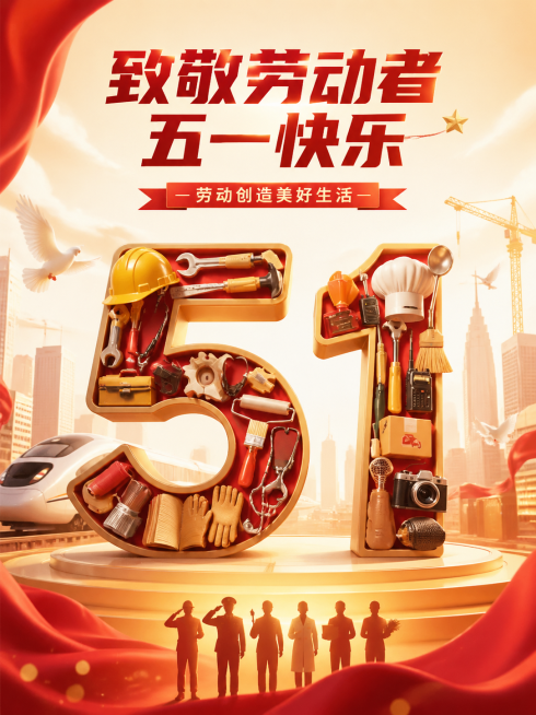 创意五一劳动节宣传海报，主标题文字"致敬劳动者 五一快乐"，副标题"劳动创造美好生活"，创意设计：用不同职业的劳动工具元素拼出五一数字造型，色调温暖明亮，红色金色为主，整体风格现代有新意，不俗套，比例预览效果