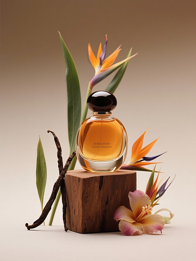 琥珀色香水特写，放在圆润的棕色原木块上，环绕着异国情调的香草和鲜花，背景是柔和的棕色渐变背景