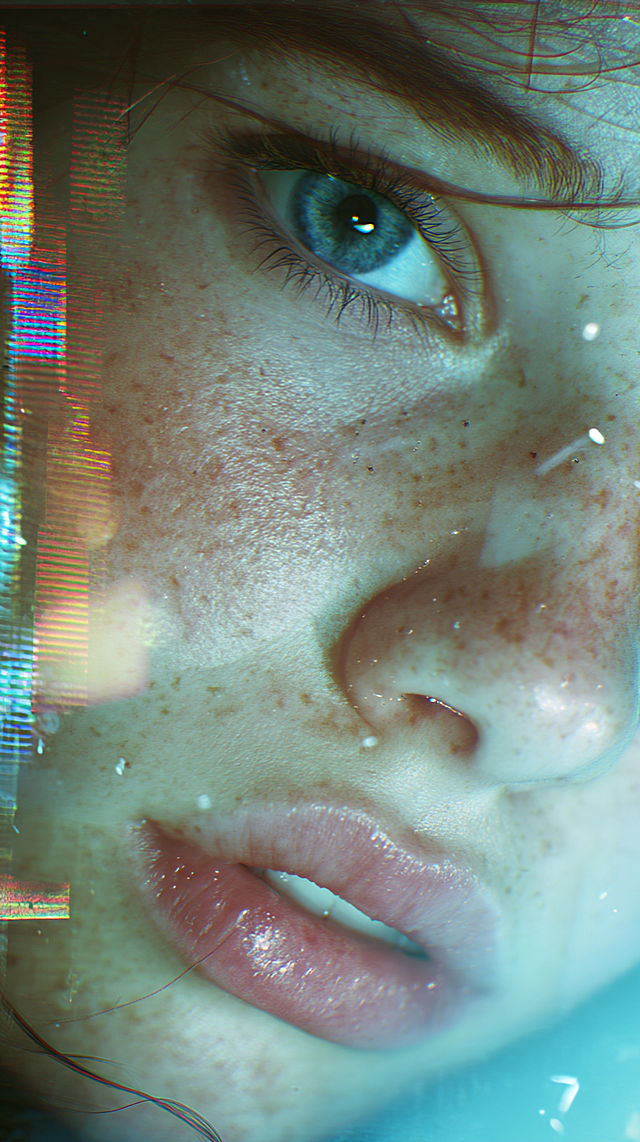 Close‑up of imperfect facial features with dreamcore aesthetic, freckles and subtle asymmetry, cyan and amber color palette, soft focus, glitch effects, algorithm textures, surreal digital portrait