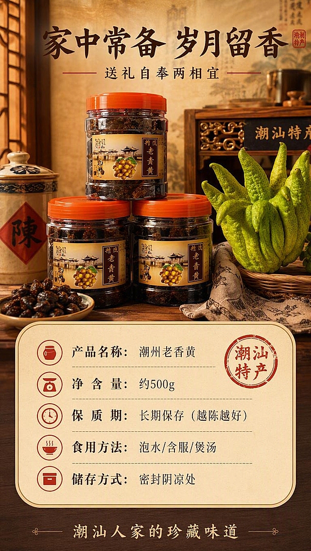 [商品] 使用【图1】佛手瓜作为产品关联，同时呈现玻璃罐装老香黄成品多罐陈列，罐身保留传统中式标签。
[画面] 目标：规格信息+收尾囤货页，囤货陈列+规格信息组合构图。上半部分为3罐老香黄成品陈列在木质货架/厨房台面上，旁边有新鲜佛手瓜、陶瓷罐、潮汕传统元素点缀，营造家庭常备囤货氛围。下半部分为规格信息区，米黄色底卡片，清晰展示产品参数。产品陈列占画面50%。
[视觉] 套系策略：风格=中式国风潮汕传统商业摄影；标题字=书法宋体粗体；正文字=简洁宋体；主色=暖棕黄+赭石；背景延展=基于暖棕黄做深浅层级、同色渐变和木纹/宣纸质感；强调色=朱砂红，仅用于小面积印章、引线和标签；标题色=深棕黑；正文色=暖棕灰；组件=圆角米黄信息卡、细线引线、朱砂印章元素；光影=左前侧暖柔光，侧逆光勾勒轮廓。
[文字] 上方主标题「家中常备 岁月留香」，副标题「送礼自奉两相宜」。下方规格卡内容：产品名称：潮州老香黄；净含量：约500g；保质期：长期保存（越陈越好）；食用方法：泡水/含服/煲汤；储存方式：密封阴凉处。底部收尾语「潮汕人家的珍藏味道」。
[规格] 图片比例9:16竖版，4K分辨率，避免变形、错字、文字过小、冷蓝背景、规格信息不清晰。