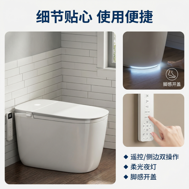 [主图 5] 智能马桶细节与贴心设计展示
[氛围/风格] 现代简约品质展示，柔和自然光，精致质感
[画面元素] 保持原U-101白色智能马桶主体不变，背景为简约卫生间，左侧主体展示马桶整体外观，右侧放预览效果