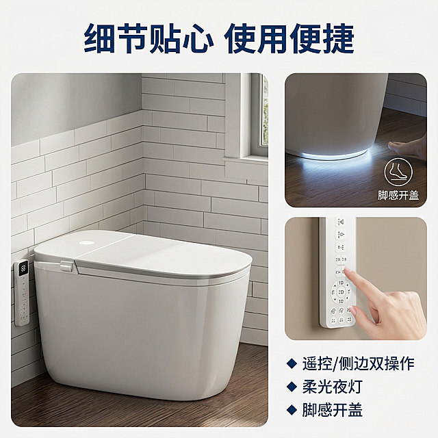 [主图 5] 智能马桶细节与贴心设计展示
[氛围/风格] 现代简约品质展示，柔和自然光，精致质感
[画面元素] 保持原U-101白色智能马桶主体不变，背景为简约卫生间，左侧主体展示马桶整体外观，右侧放置两个竖向圆角画中画，分别展示夜灯柔光效果和侧边按钮操作区域，细节清晰，光影统一，产品和原图保持完全一致
[配色色系] 主色调：白色，辅助色：浅灰墙面，深蓝色文字，温馨暖调夜灯点缀
[视角构图] 左侧产品右侧细节，左大右小构图，平衡舒适
[文字版式] 顶部主标题 "细节贴心 使用便捷"，深蓝色粗体；画面右下角三列竖向排列剩余亮点："遥控/侧边双操作"、"柔光夜灯"、"脚感开盖"，每个亮点前加菱形符号，文字深色清晰，不遮挡产品
[比例分辨率] 1:1 比例，2k 分辨率
保持产品外观和结构和参考图完全一致，只优化排版和展示逻辑