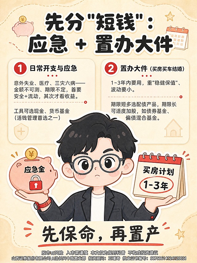 [商品] 使用【图3】卡豆比划数字3形象作为IP基础，保留卡豆的黑色短发、圆框眼镜、深灰西装外套+白色T恤、红色腕表、脸颊泛红、Q版卡通贴纸风格；调整为双手各举一物的姿态（左手举存钱罐、右手举日历），保留认真表情，服装、配色、材质与封面页卡豆完全一致。
[画面] 页面目标：短钱分类页，拆解两类短期理财目标。竖版3:4构图，顶部为大标题区；中部左右双栏布局，左栏讲①日常开支与应急，右栏讲②置办大件；下半区中央放置卡豆上半身像，卡豆左手举一个带安全锁的"应急金"存钱罐（左侧），右手举一本标有"1-3年"的买房计划日历（右侧），卡豆下方写中间金句"先保命，再置产"。整体阅读动线：标题→左右双栏→卡豆插画→金句。
[视觉] 套系策略：风格=Q版卡通插画风，温暖治愈米杏色纸张质感，贴纸风IP+扁平插画元素；标题字=圆润可爱粗体卡通字；正文字=简洁圆润无衬线体；主色=米杏色（#F5E9D7）；背景延展=基于米杏色做深浅层级、同色渐变和细腻纸张纹理，左右栏用浅米色圆角卡片承载；强调色=正红色（#E63946），仅用于序号圆圈、安全锁、日历红圈、金句、存钱罐上的红色标签；标题色=深炭灰（#2D2D2D）；正文色=中暖灰（#555555）；组件=圆角浅底信息卡、红色圆形序号标、细线引线；光影=柔和顶光，整体平涂带轻微纸纹质感，无强烈阴影。与封面页套系统一。
[文字] 顶部主标题（深炭灰粗体，最大字号）：先分"短钱"：应急 + 置办大件；左栏标题（红底白字序号①+深炭灰小标题）：日常开支与应急；左栏正文（中暖灰）：意外失业、医疗、三灾六病——金额不可测、期限不定，首要安全+流动，其次才看收益。工具可选现金、货币基金（活钱管理首选之一）；右栏标题（红底白字序号②+深炭灰小标题）：置办大件（买房买车结婚）；右栏正文（中暖灰）：1~3年内要用，重"稳健保值"、波动要小。期限短多选配债产品，期限长可适度加股，如债券基金、偏债混合基金；卡豆下方金句（深炭灰粗体，红色下划线）：先保命，再置产；存钱罐上写黑字：应急金；日历上写黑字：买房计划 + 1-3年。所有文字横向排版，不遮挡卡豆脸部。
[规格] 图片比例3:4竖版，4K分辨率。底部最底边叠加两行风险提示——白字+细黑描边、不加粗、居中、无背景条，字号随图宽自适应，左右留10px边距，确保「执业证书编号：S0760614124120021」完整不裁切。行1：股市有风险 入市需谨慎 本文仅为规则科普 不构成投资建议　行2：山西证券股份有限公司长治长兴中路营业部 投资顾问：豆瑾奇 执业证书编号：S0760614124120021。负向：避免冷蓝/蓝灰背景、卡豆形象变形、服装颜色改变、文字竖排、文字过小看不清、缺风险提示。