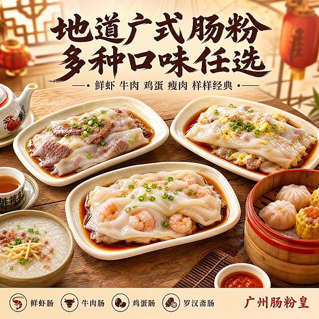 [主图-2] 广州肠粉皇多口味肠粉拼盘主图，突出品类丰富与地道早茶氛围。
[统一基调] 粤式早茶暖调风格，背景主色为浅木色配暖黄灯光，标题字色为深棕色，辅助字色为暖棕色，强调色为中国红，字体为粗笔刷书法体搭配宋体，与主图1保持视觉统一。
[画面] 画面采用粤式早茶桌景构图，木质餐桌上错落摆放三碟不同口味的肠粉：前方是鲜虾肠粉，粉皮晶莹透白，大颗虾仁若隐若现；左上方是牛肉肠粉，粉嫩牛肉片夹在薄透粉皮中；右上方是鸡蛋瘦肉肠粉，金黄蛋花与瘦肉相间；每碟肠粉都淋着油亮的豉油，撒着葱花；旁边搭配一小碗艇仔粥、一笼虾饺烧卖等粤式点心，营造丰盛的早茶场景；背景虚化处可见粤式茶楼的木质窗花与红灯笼，充满地道广州烟火气；采用俯视视角，美食主体占画面约70%。
[光影质感] 暖黄灯光效果，食物表面泛着柔和油光，肠粉皮通透有光泽，豉油色泽红亮，整体为温暖治愈的美食摄影质感，光影柔和均匀，营造茶楼早茶的温馨氛围。
[配色] 浅木色餐桌背景，肠粉晶莹奶白，豉油红棕，虾仁粉嫩，牛肉粉红，蛋花金黄，葱花翠绿，搭配红色点心蒸笼，整体暖色调丰富和谐，色彩饱满有食欲，突出粤式早茶的丰盛感。
[文字版式] 画面顶部居中放置大字标题"地道广式肠粉 多种口味任选"，粗笔刷书法体，深棕色；标题下方小字"鲜虾 牛肉 鸡蛋 瘦肉 样样经典"，宋体暖棕色；左下角用小图标+文字形式列出"鲜虾肠 牛肉肠 鸡蛋肠 罗汉斋肠"四种招牌口味，横向排列；右下角标注"广州肠粉皇"品牌名，中国红小字体；文字布局不遮挡食物主体。
[输出要求] 750*750px正方形，1:1比例，文字清晰可读，美食细节清晰诱人，画面干净有氛围，禁止变形、错字、模糊、杂乱、水印、平台Logo。