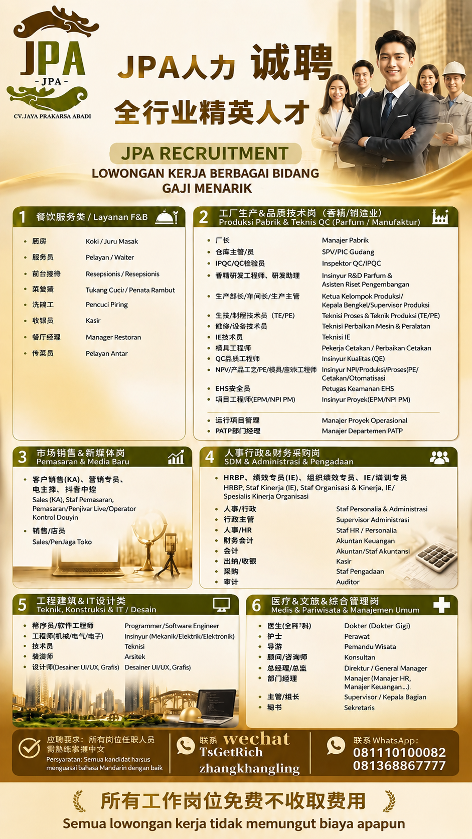 在这张招聘海报底部添加中文文字'所有工作岗位免费不收取费用'和… - 图片创意预览