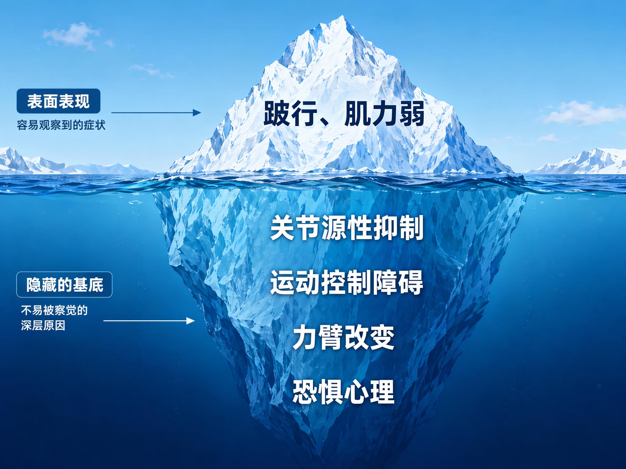 一座巨大的冰山图。水上部分写“跛行、肌力弱”，水下巨大基底写“… - 图片创意预览