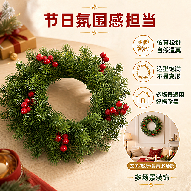 [主图-2] 圣诞红果松针花环卖点信息图，结合局部特写展示材质细节与多场景适配性。
[统一基调] 温馨居家节日风，背景主色为米白暖调，标题字色为深红，辅助字色为深绿，强调色为金色，字体为简洁大气的无衬线粗体，字号层级分明，卡片用轻量圆角半透明底，整体高级有质感。
[画面] 画面主体为圣诞红果松针花环的45°斜视角特写，放置在浅木色桌面中央，花环保持原图外观：深绿色仿真松针枝叶茂密有层次，红果簇圆润饱满有光泽。主体占画面约50%，偏左放置。右侧留白区域分布3个卖点图标加文字，分别对应：仿真材质、不易变形、多场景适用。画面右下角小圆形画中画展示花环挂在客厅墙面的使用场景小图，标注"玄关/客厅/餐桌 多场景"。
[光影质感] 商业摄影质感，柔和顶光加侧光，松针纹理清晰可见，红果表面有自然高光反射，花环底部有柔和接触阴影落在桌面上，整体质感真实高级。
[配色] 主背景米白暖调桌面，标题深红色，辅助文字深绿色，图标用金色描边，产品本身深绿松针与正红红果保持本色。
[文字版式] 右上角主标题："节日氛围感担当"，深红色粗体大字。右侧竖排3个卖点：第一个图标为松针简笔画+文字"仿真松针 自然逼真"，第二个图标为花环轮廓+文字"造型饱满 不易变形"，第三个图标为房子简笔画+文字"多场景适用 好搭耐看"，均为深绿色字体配金色小图标。右下角圆形场景小图下方标注"多场景装饰"，深绿色小字。文字均放在右侧负空间，不遮挡产品主体。
[输出要求] 1:1正方形比例，2K分辨率，文字清晰可读，产品清晰完整不变形，无错字、无水印、无平台Logo、无杂乱元素。